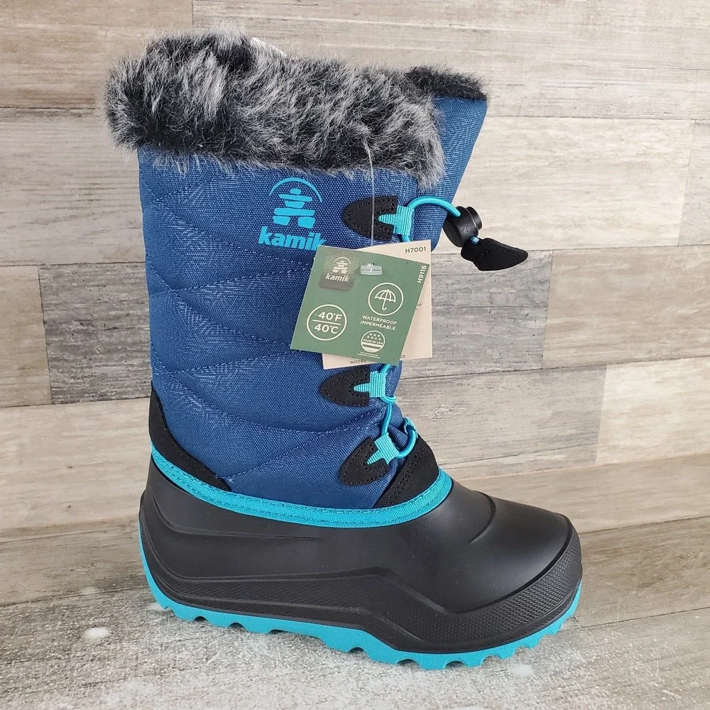 Kamik Snow Gypsy 4 Kids Snow Boots Sz 2 Navy Black Mid-Calf Waterproof Lace Up